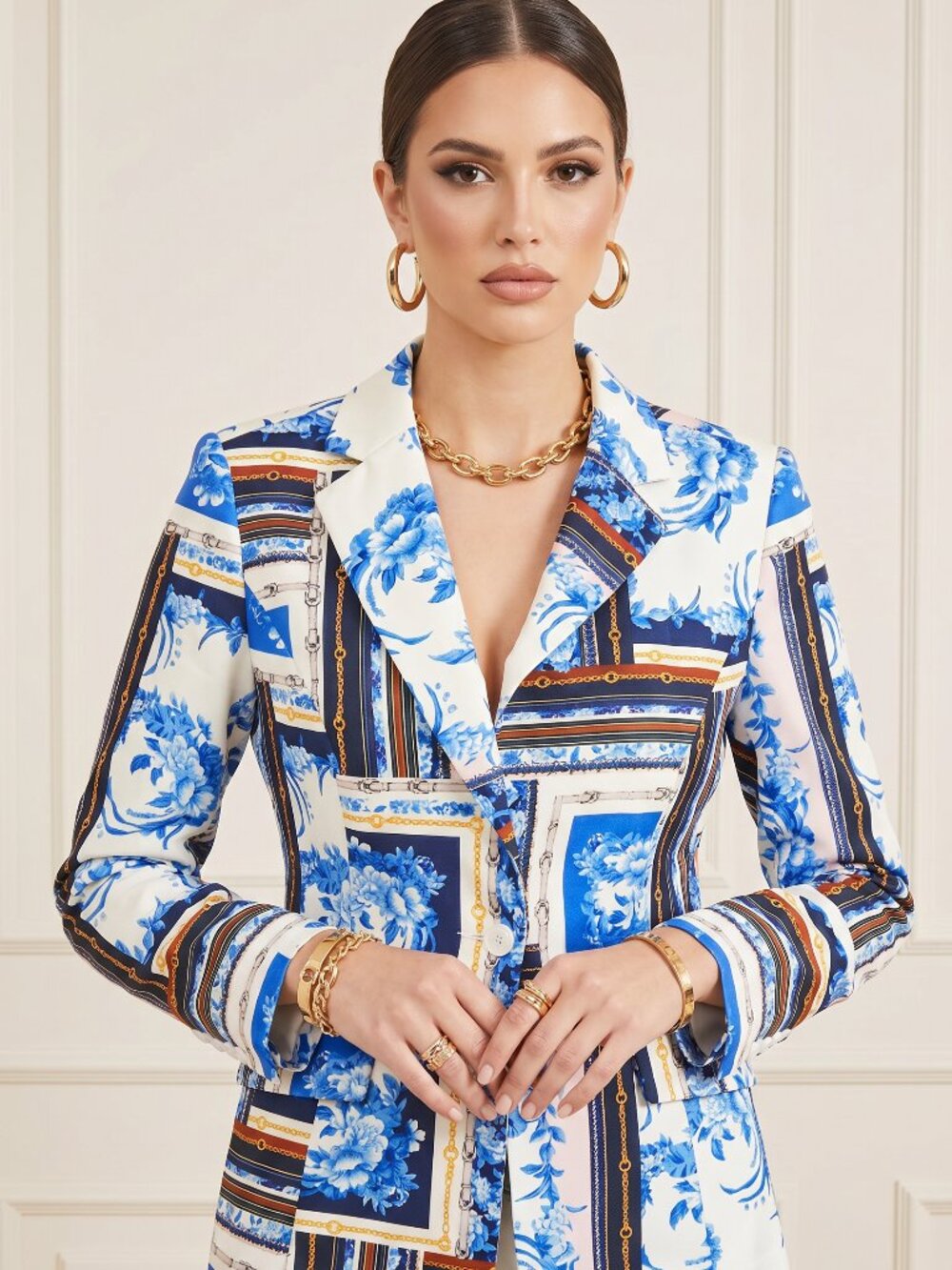 Boston Proper Blue & White Porcelain Floral Blazer Gold Chain Accent Size 6 NEW - Picture 8 of 15